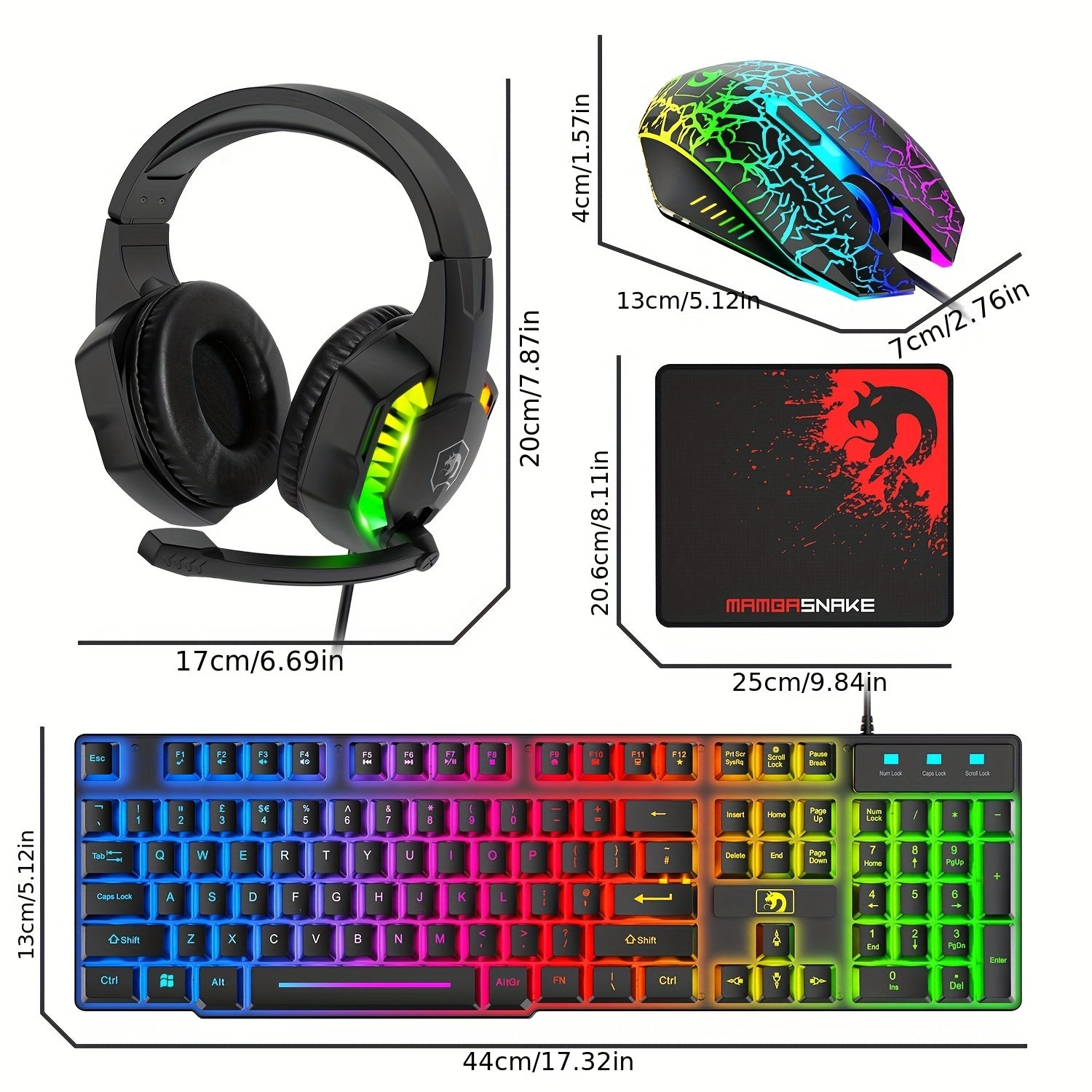 Wired Gaming Keyboard and Mouse Set with Rainbow LED Backlit Headset and Mouse Pad for PC, Mac, PS4, Xbox