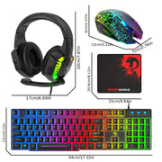 Wired Gaming Keyboard and Mouse Set with Rainbow LED Backlit Headset and Mouse Pad for PC, Mac, PS4, Xbox