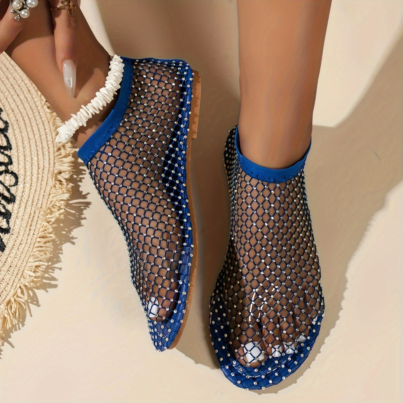 Women's Mesh Rhinestone Flat Sandals with Elastic Band and Cut-Out Design