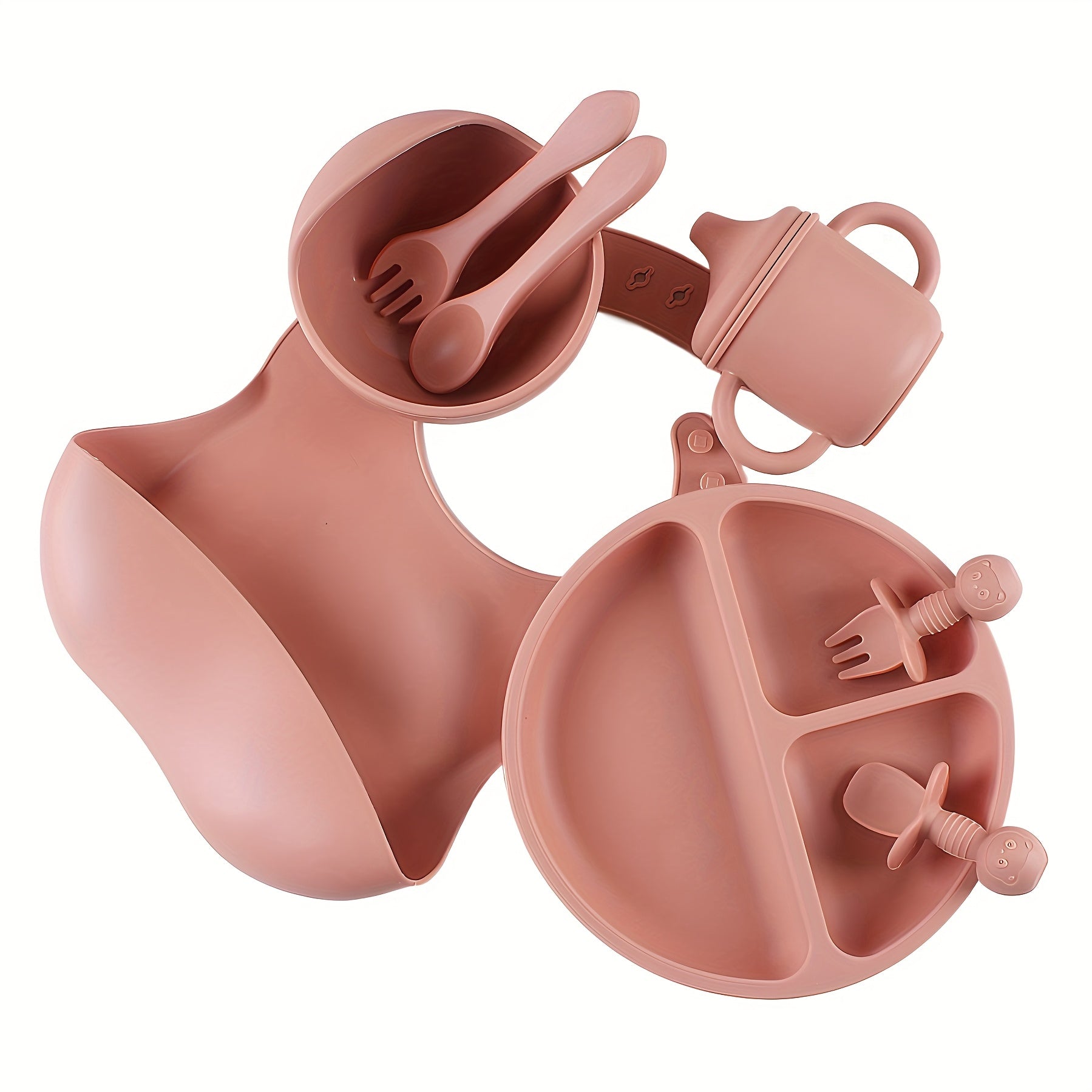 8pcs Silicone Baby Feeding Set Divided Plate Bowl Spoon Fork Bib Learning Cup for Toddlers