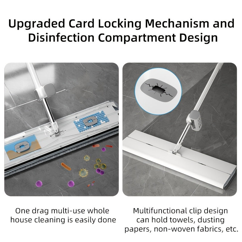 Qo'llarsiz tekis mop to'plami, 2 ta qayta ishlatiladigan yostiq bilan, plitka va yog'och pol uchun uzun tutqich