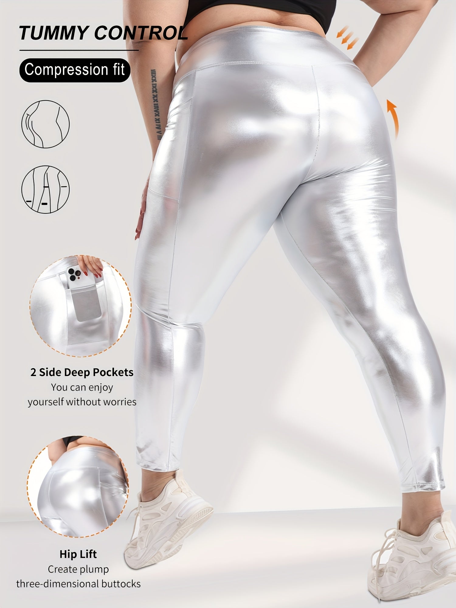 Plus Size Yellow High-Waisted Stretch Leggings 7/8 Yoga Pants With Pockets