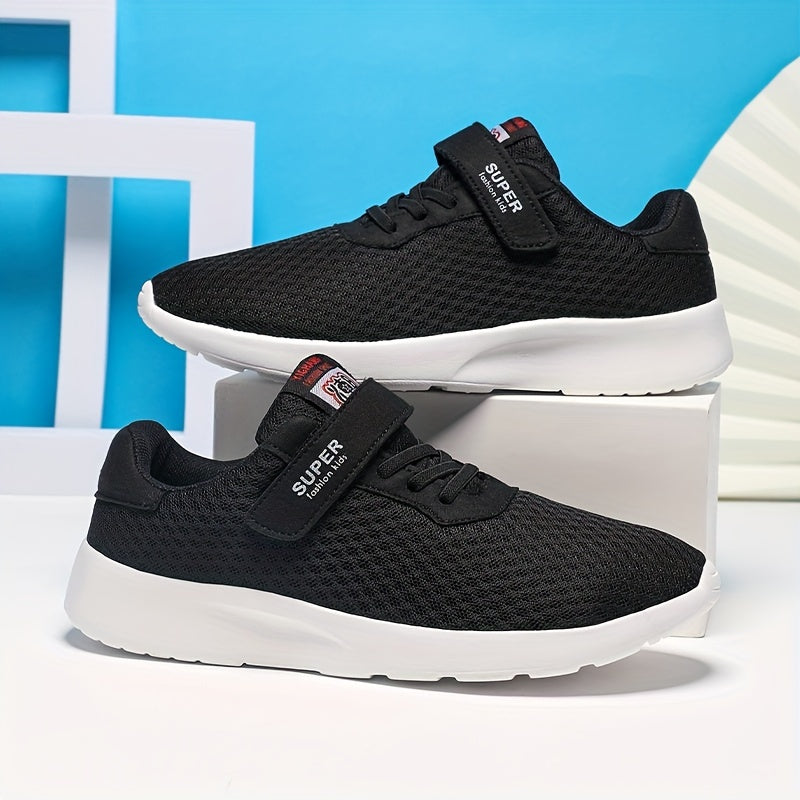 Boys Black Mesh Athletic Sneakers with Hook-and-Loop Strap Non-Slip EVA Sole Sizes 10.5-3