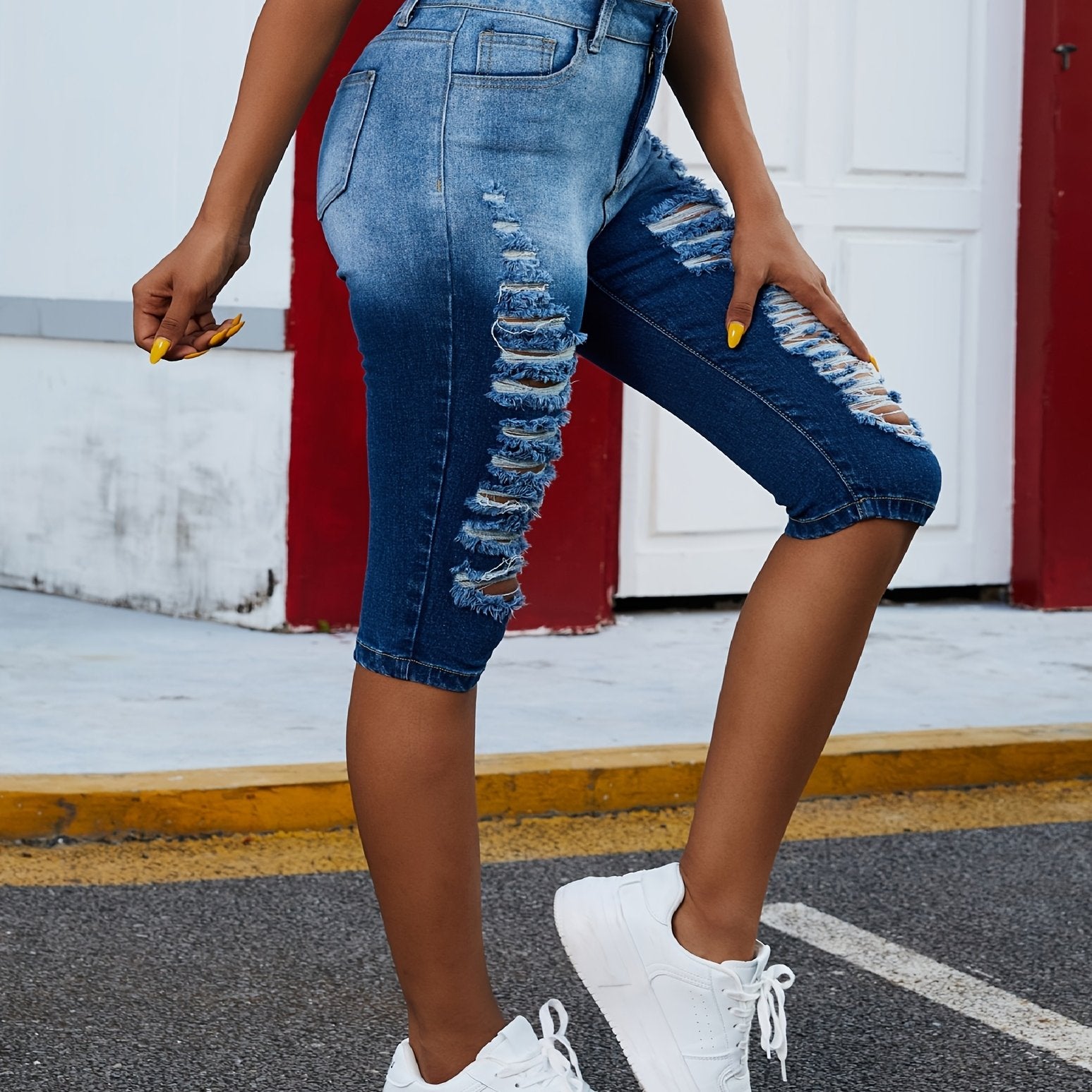 Women's Plus Size High-Waisted Ripped Denim Shorts Stretchy All-Season Street Style