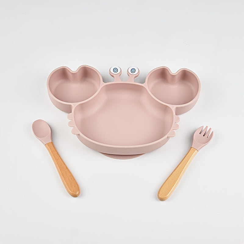 Silicone Toddler Tableware Set Non-Slip Crab Design Dinner Plate Spoons for Ages 0-3