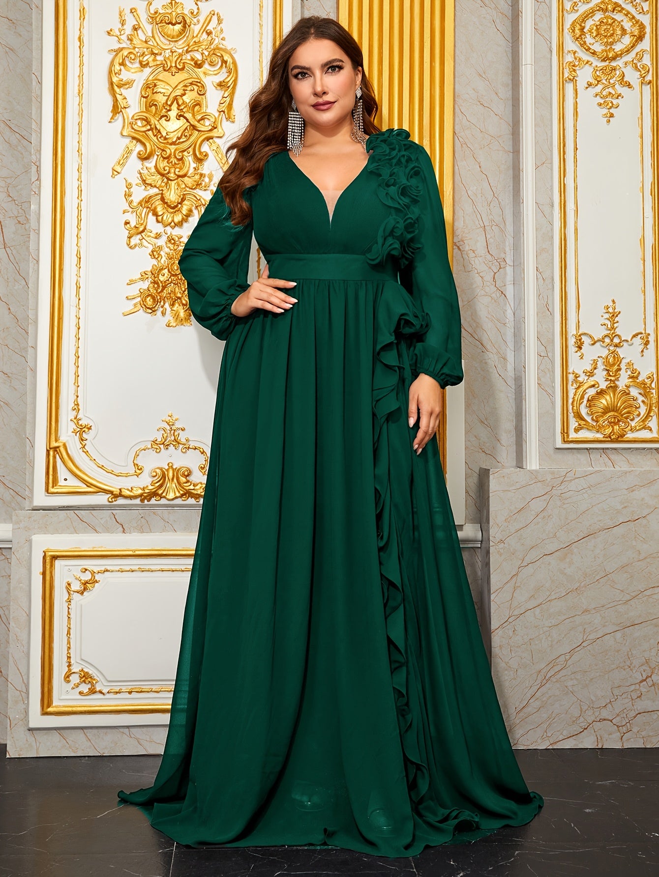 Plus Size Green Chiffon Gown with 3D Lace Lantern Sleeves for Formal Events