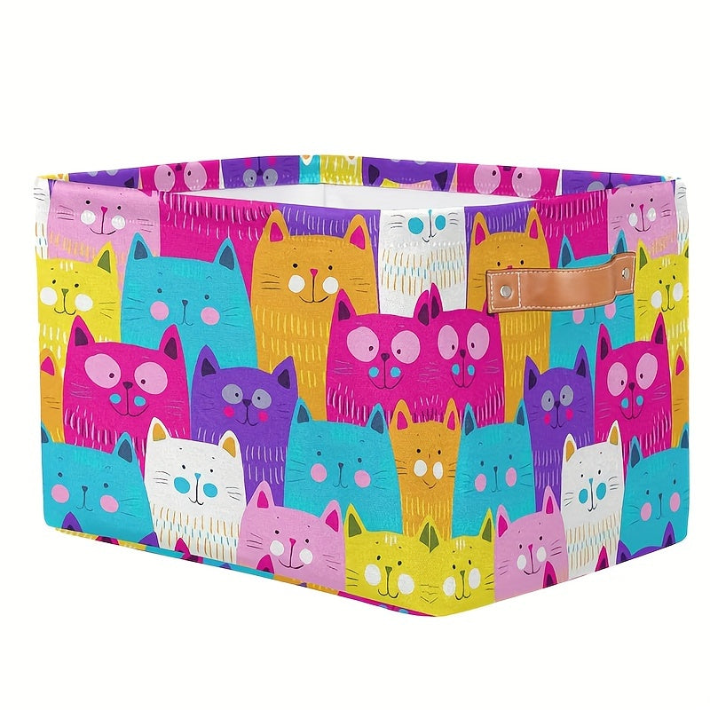 Colorful Fabric Storage Basket with Handles for Toys Books and Office Supplies Foldable Cube with Cat Design