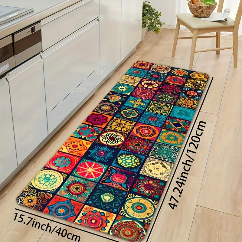 Bohemian Square Floor Mat Non-Slip 8mm Thick Polyester Indoor Outdoor