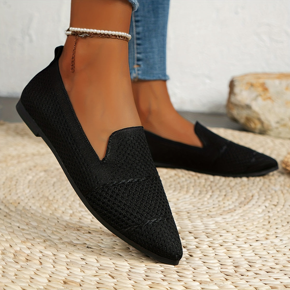 Women's Pink Slip-On Pointed Toe Flats Breathable Fabric All-Season Shoes