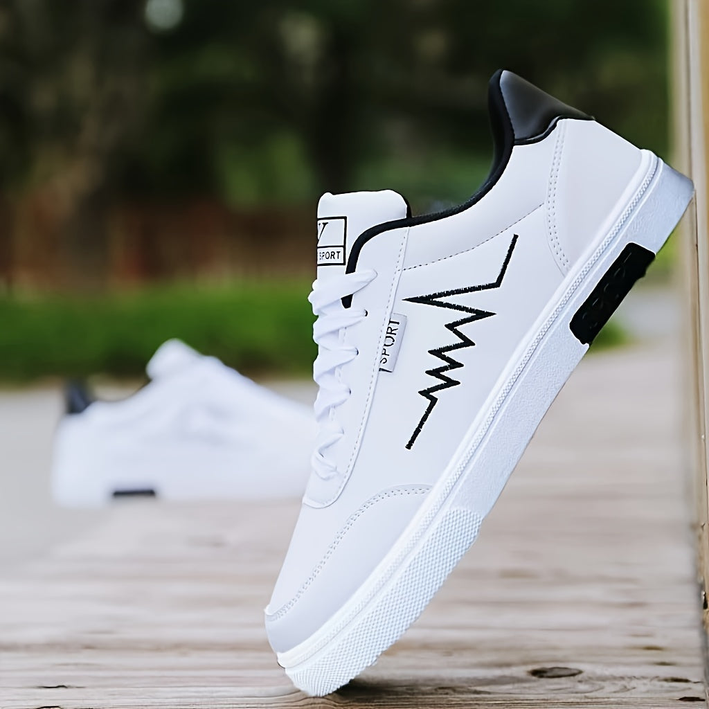 Erkaklar uchun oq skeytbord poyabzallari, ko'chada yurish uchun bog'ichli pastki krossovkalar, minimalist uslubda sun'iy yuqori qismi, mato astar, PVC taglik, mato ichki qismi, dumaloq barmoq.