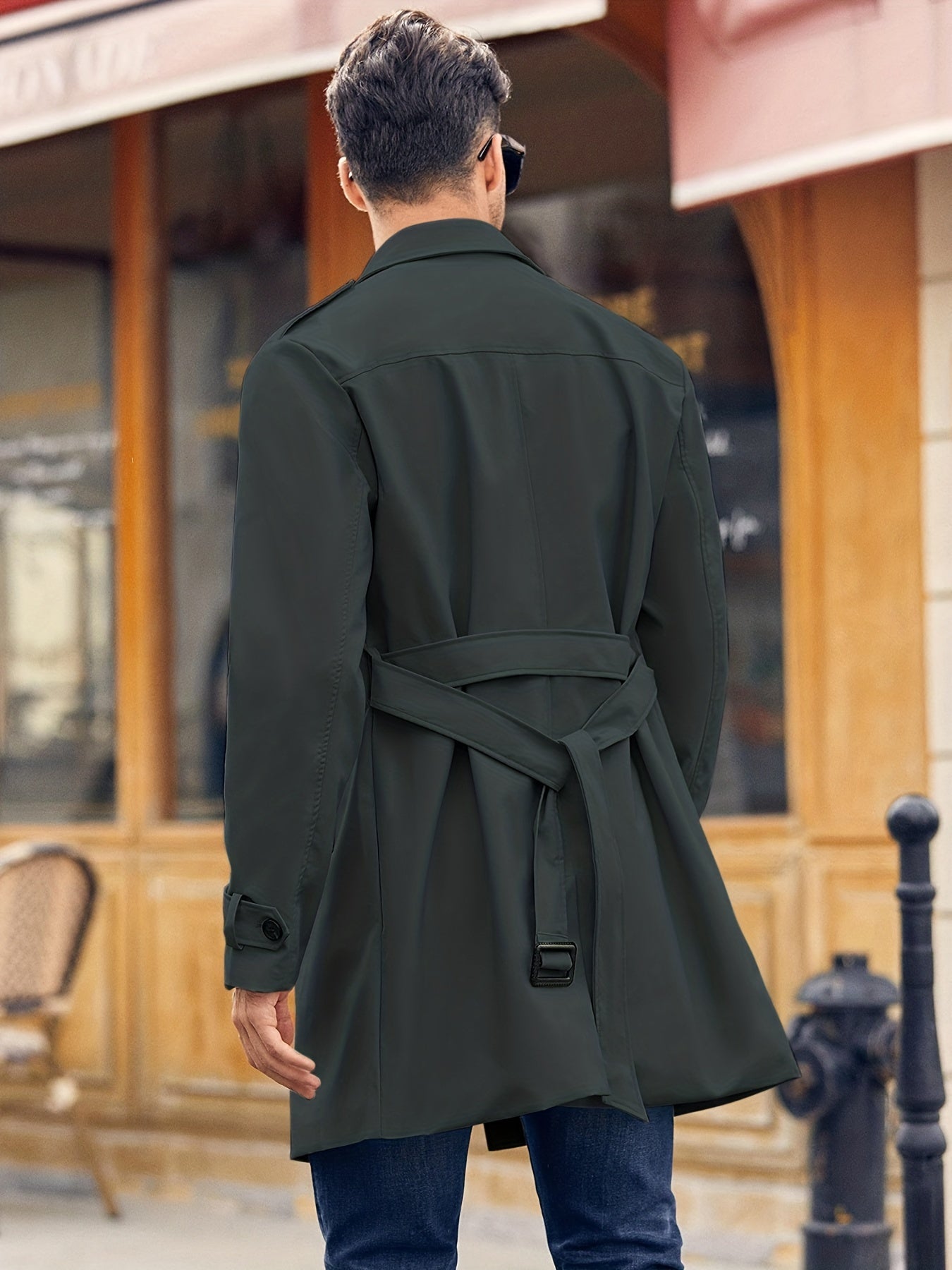 Plus Size Windbreaker Jacket for Men Polyester Solid Color Casual Double-Breasted Belted Lapel Coat