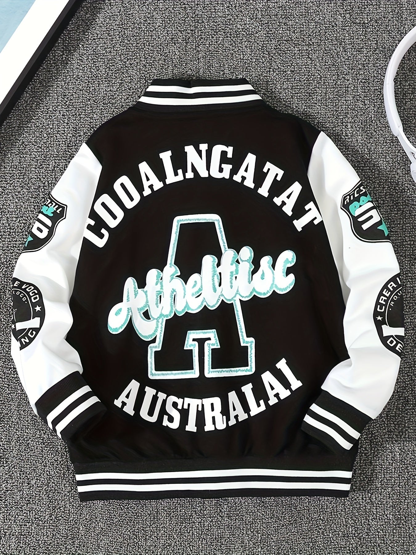 Boys Long Sleeve Varsity Baseball Jacket with Letter Graphic and Color Block Design