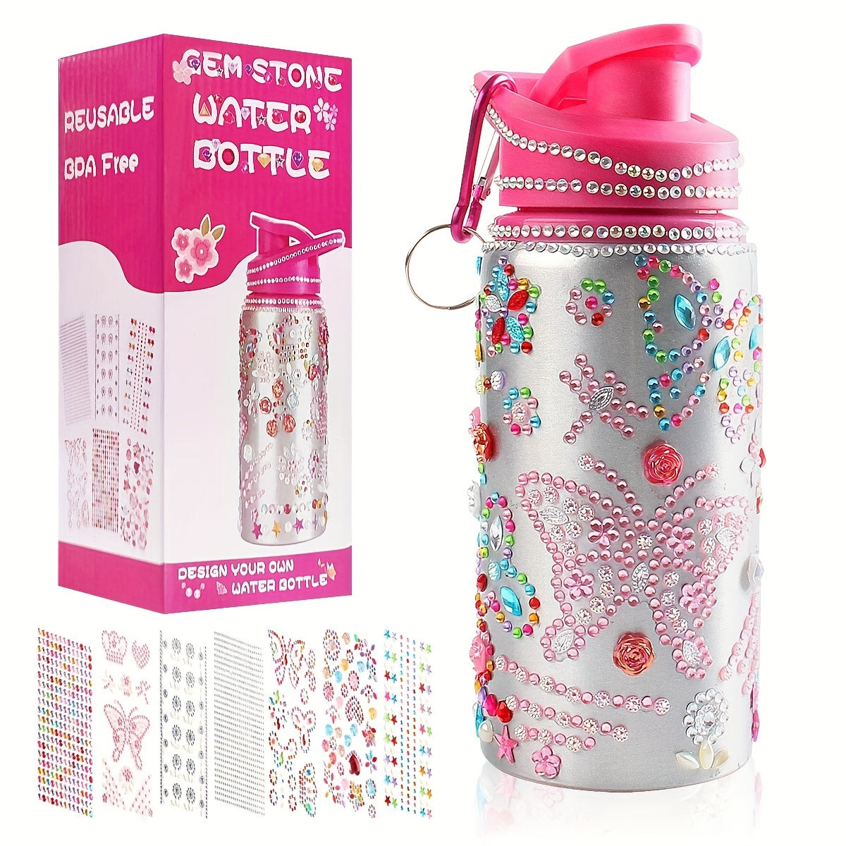 Reusable Water Bottle 20 Oz with Rhinestones and Glitter Personalizable BPA-Free