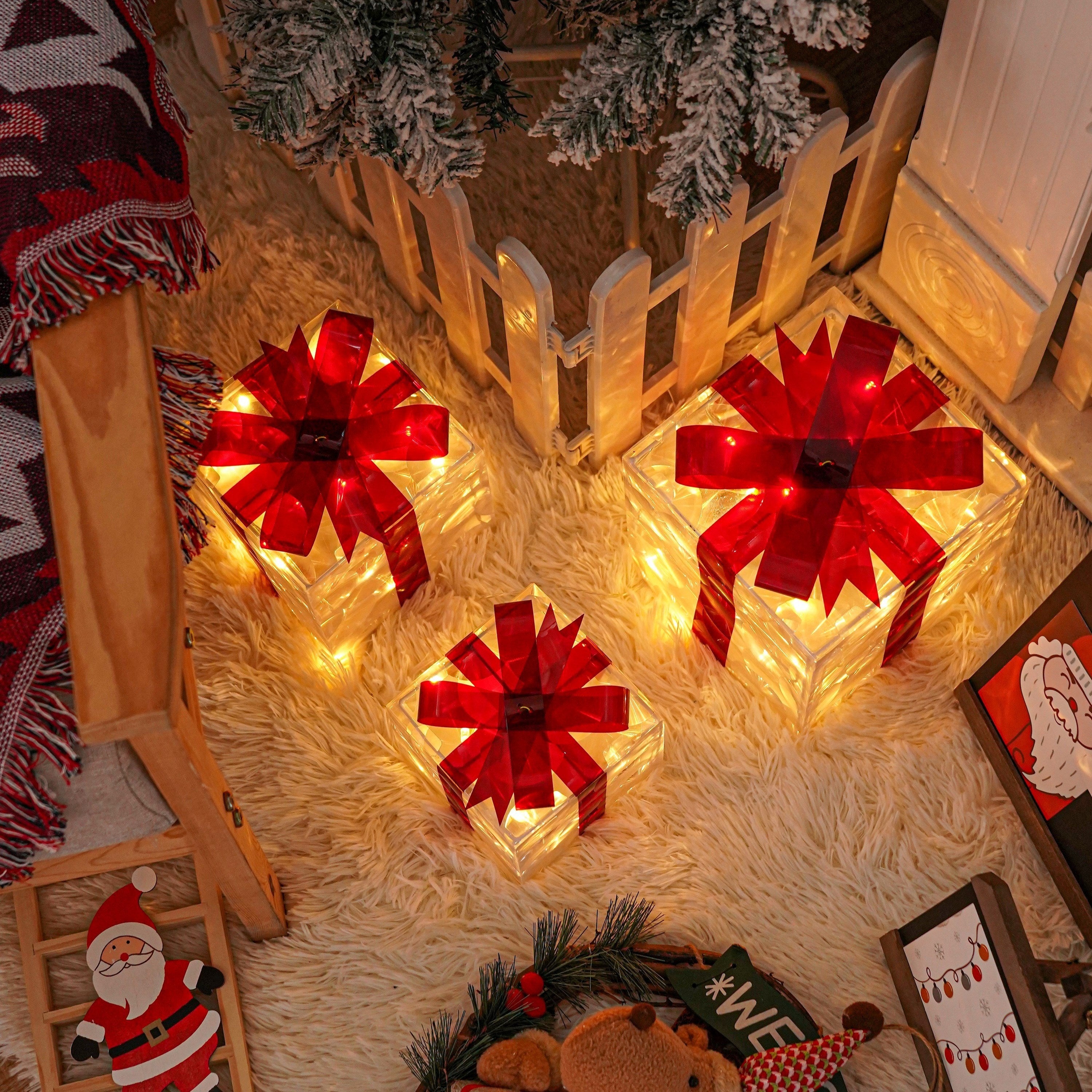3 Christmas Lighted Gift Boxes with Warm White Lights and Red Bows for Decor