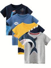 Kids' Short Sleeve Cartoon Shark and Dinosaur T-Shirts Set for Boys Age 12 and Under