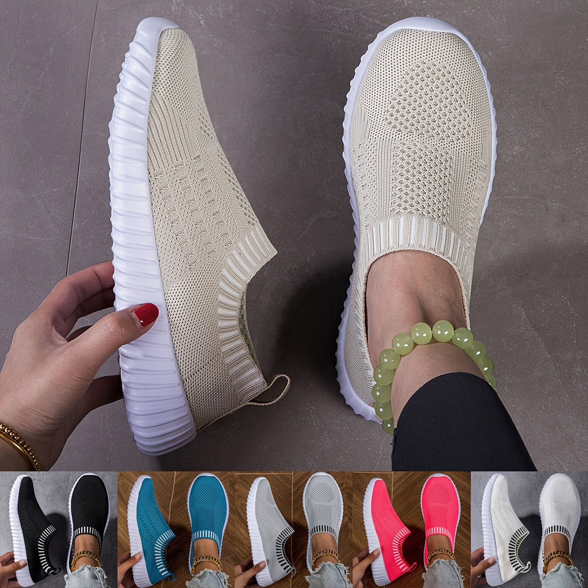 Women's Breathable Slip-On Knitted Sneakers, Casual Plus Size Walking Shoes