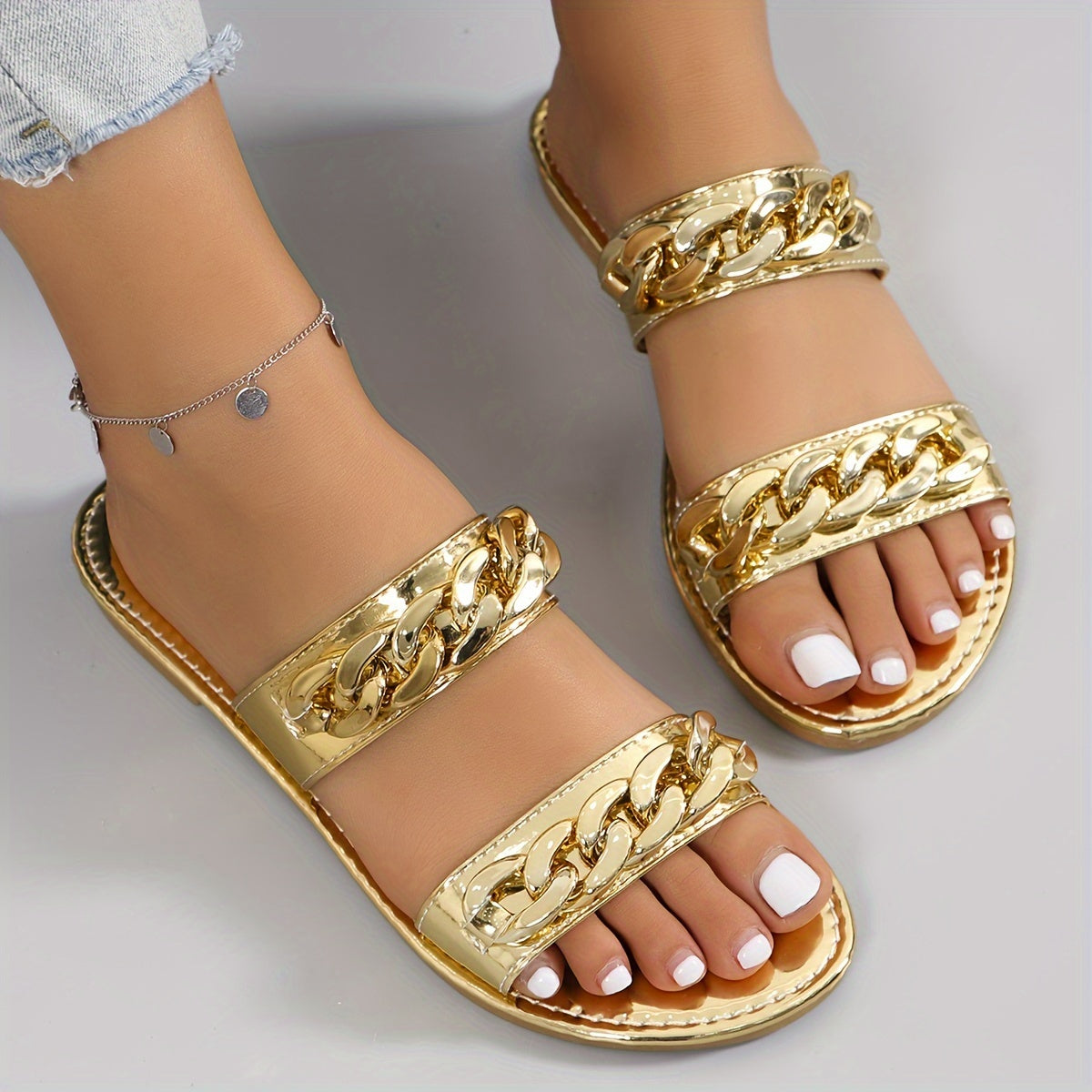 Women's Gold Flat Slides Open Toe Summer Slip-On Sandals