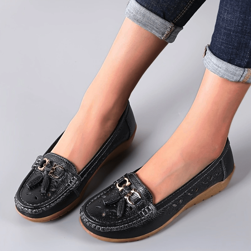 Women's Embroidery Loafers with Metal Tassel Hollow Out Soft Platform Shoes