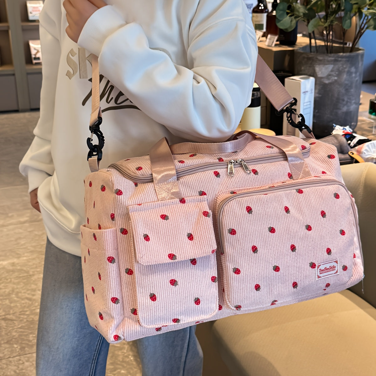 Corduroy Travel Bag with Strawberry Print Wet and Dry Separation Shoe Compartment for Vacation Gym and School