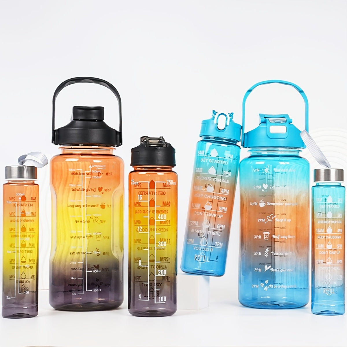 Set of 3 Gradient Water Bottles 2000ml Leakproof for Hiking Camping Fitness