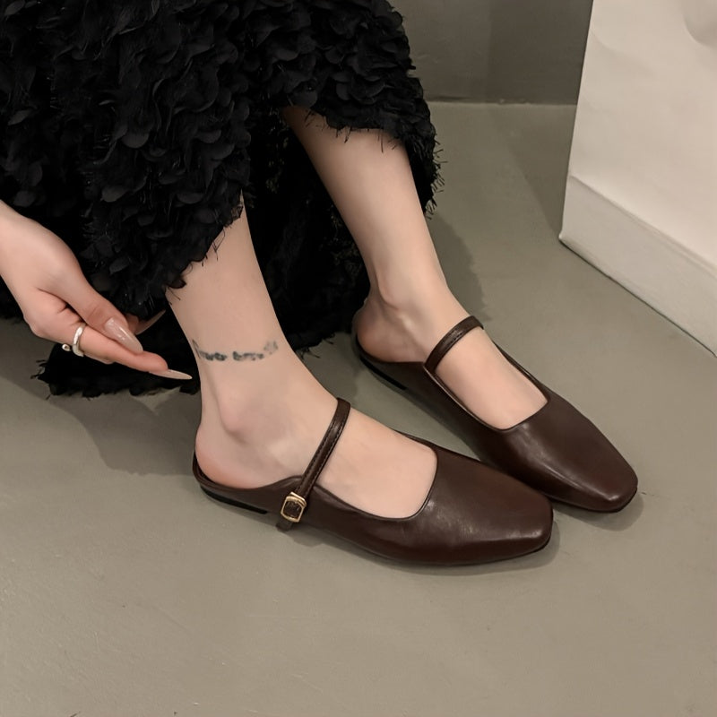 Mules de verano para mujer marrón sintético con tacón grueso y slip-on