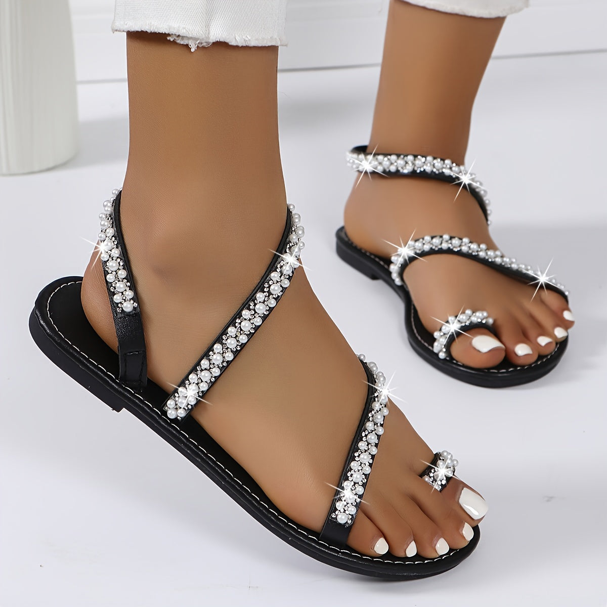Women's Slide Sandals Casual Rhinestone Summer Beach Slip-On
