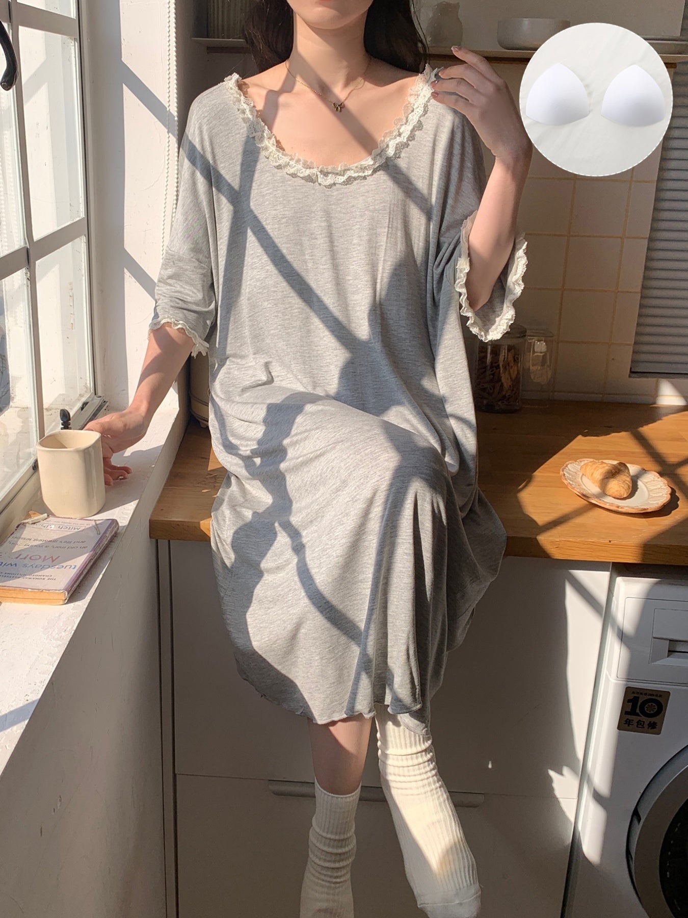 Women's Summer Sleep Dress with Built-in Bra Pads Lace Trim Nightgown