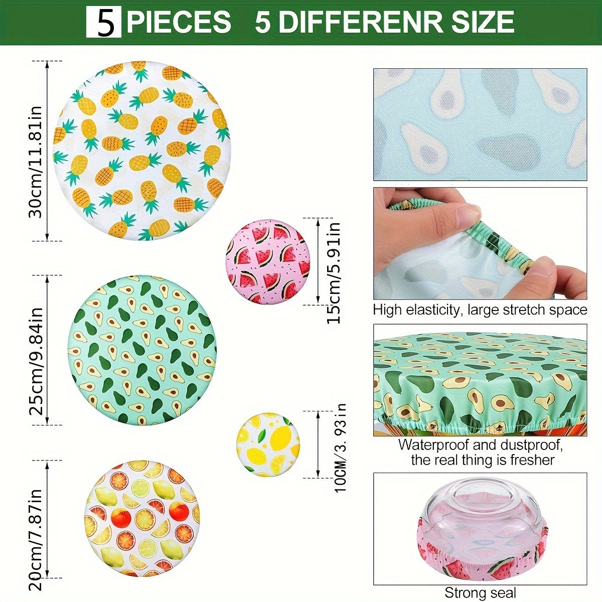 5 ta qayta ishlatiladigan mato idish qopqog'i, oziq-ovqat saqlash uchun 5 o'lchamda