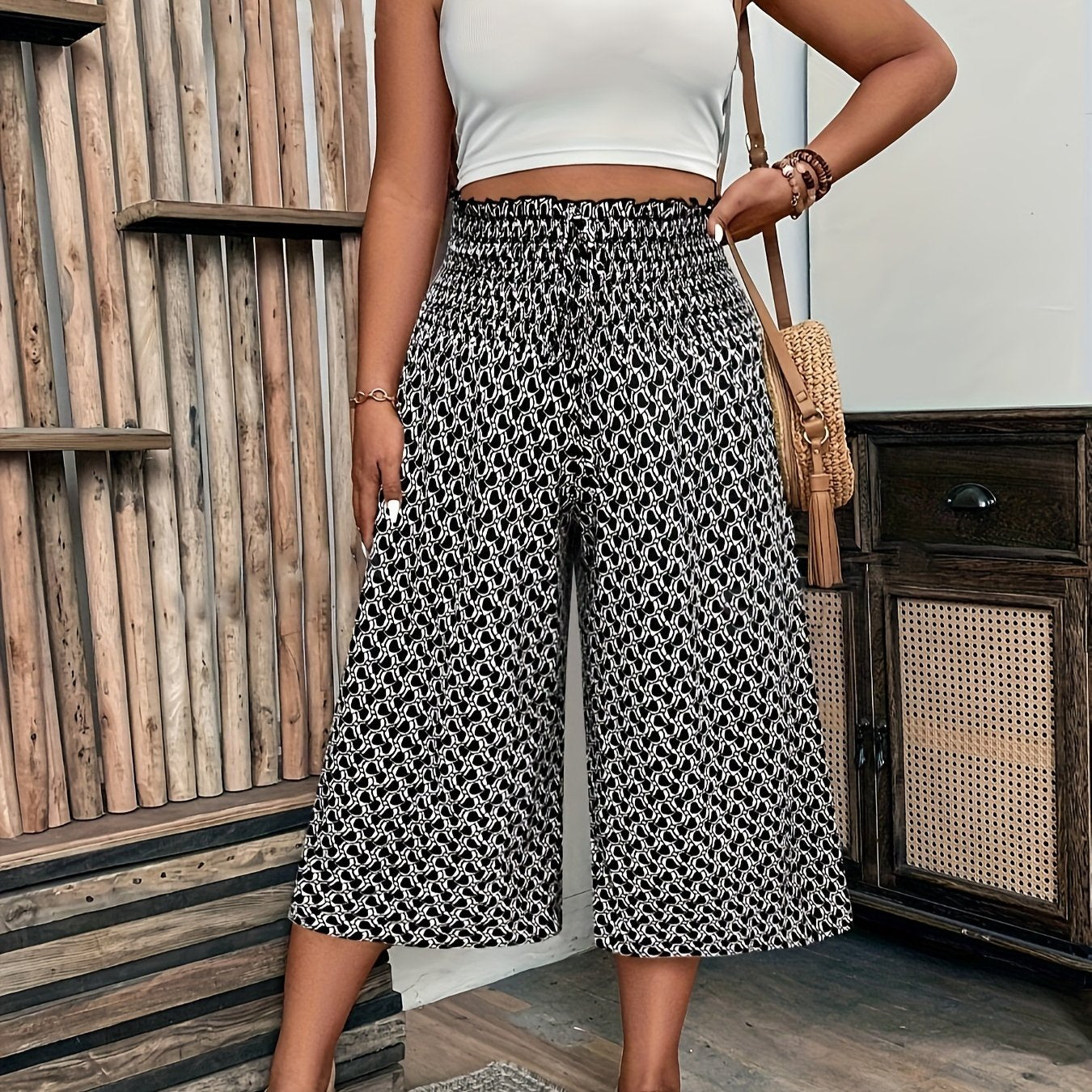 Women's Plus Size Mid-Length Smocked Print Pants with All-Season Comfort