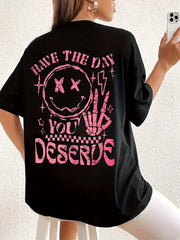 Women’s Plus Size Oversized Graphic T-Shirt Black Pink Casual Short Sleeve