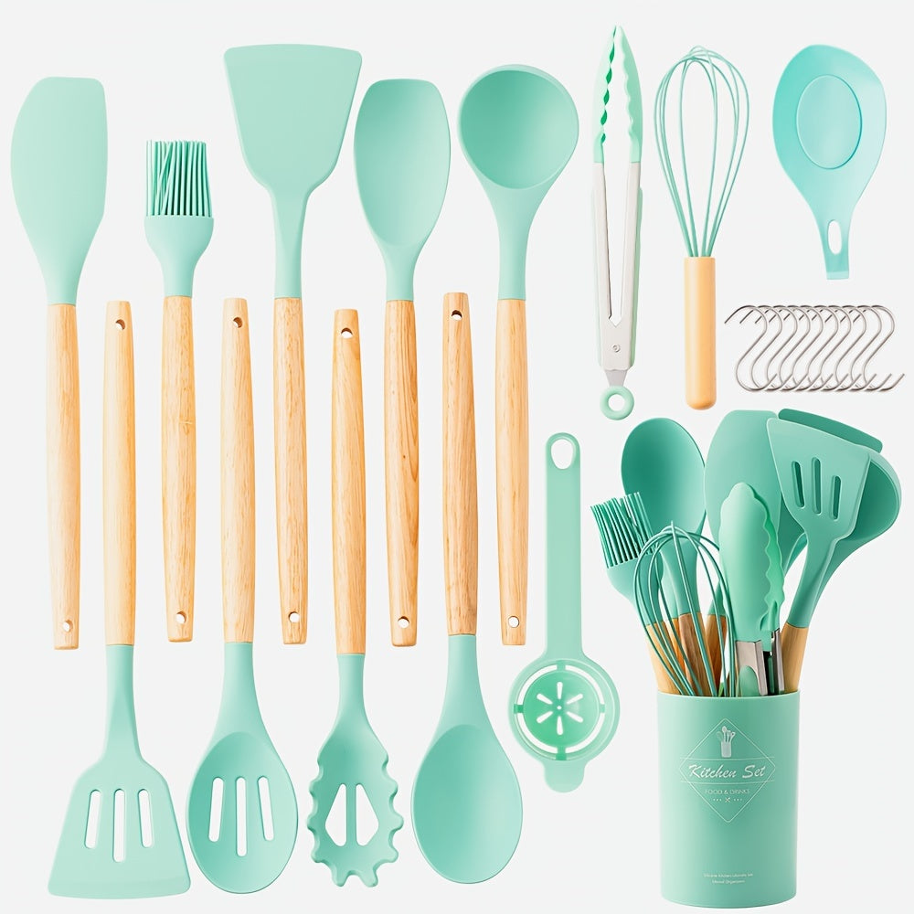 Silicone Kitchen Utensil Set 24 Pieces with Wooden Handles for Cooking Baking