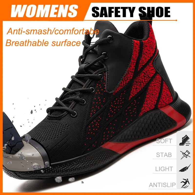 Women’s High-Top Safety Sneakers Breathable Lightweight Puncture Resistant Red Black