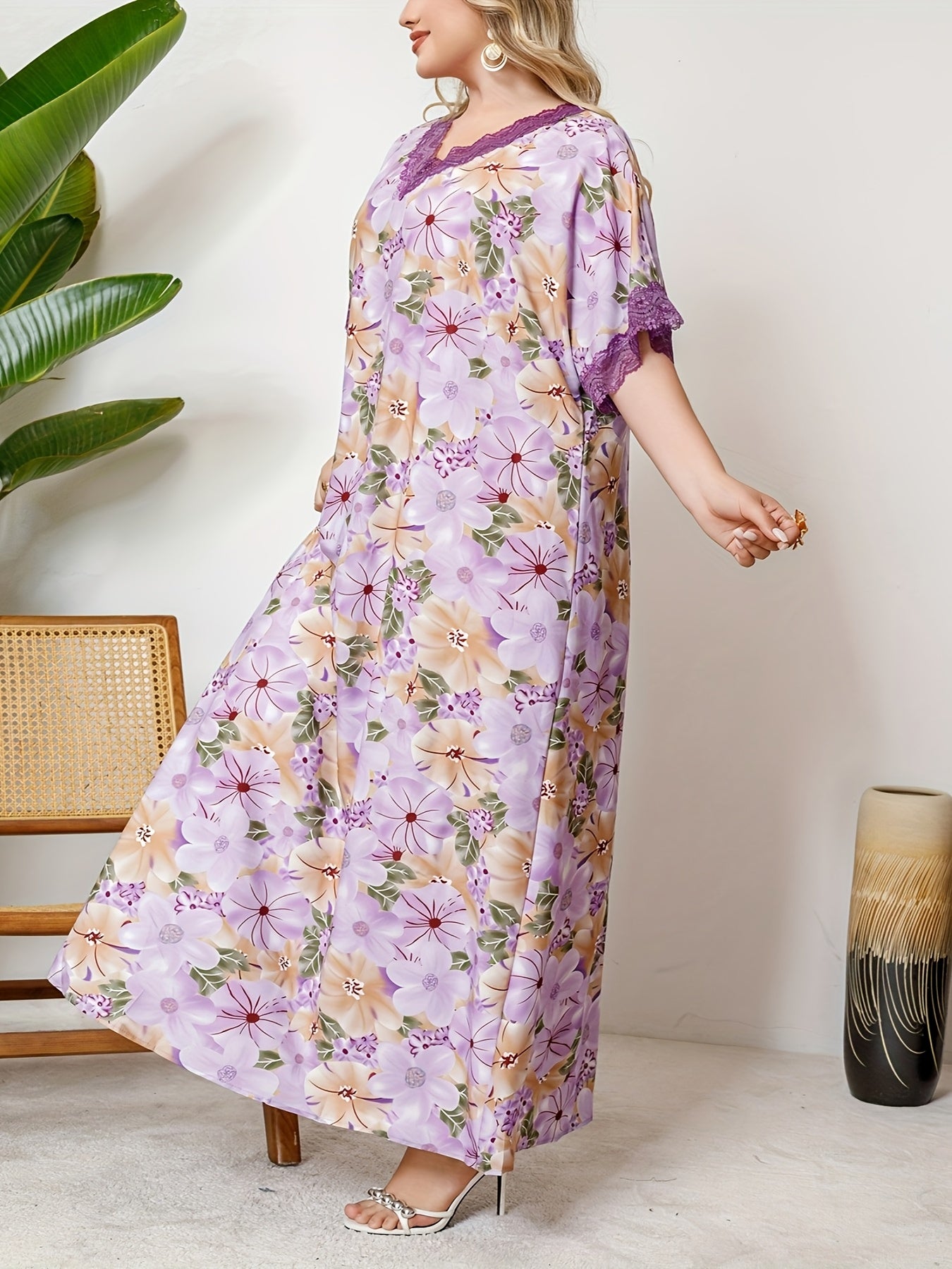 Plus Size Floral V-Neck Tunic Dress with Lace Details Polyester Woven All-Season