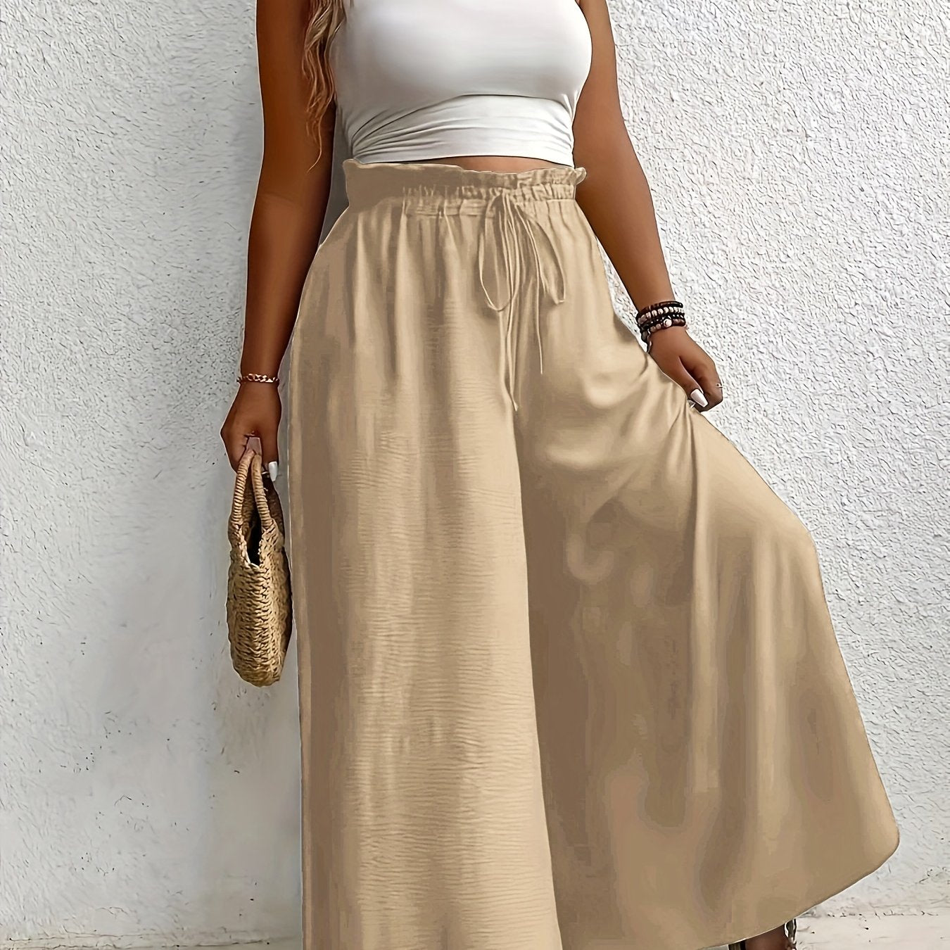 Women’s Wide-Leg Skirt Pants Beige High-Waisted Casual Spring Summer Fall