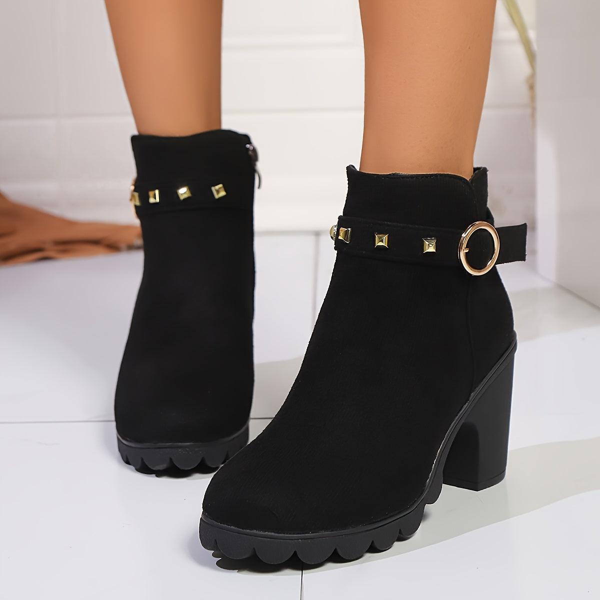 Women's Black Ankle Boots with Buckle Strap Side Zipper Round Toe Vintage Style