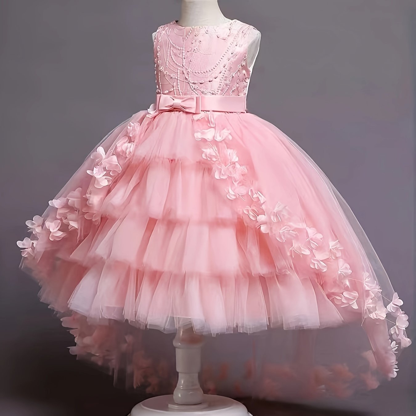 Children's Sleeveless Dress with Tiered Mesh Tutu Faux Pearls Bowknot Floral Summer