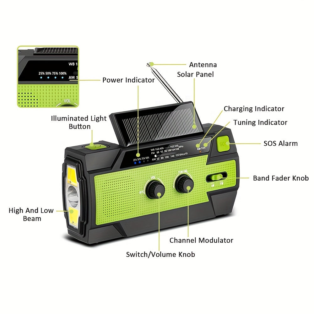 4000mAh Solar Hand Crank Emergency Radio with Flashlight Cell Phone Charger and SOS