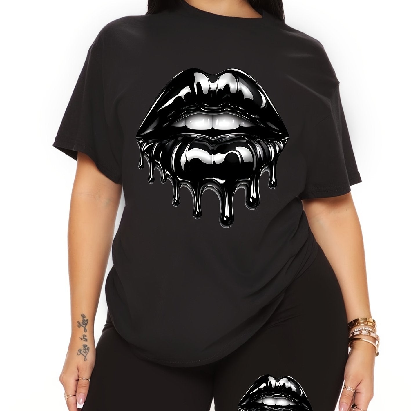 Plus Size Women's Sportswear Set Black Lip Print Short Sleeve Top High-Waisted Shorts