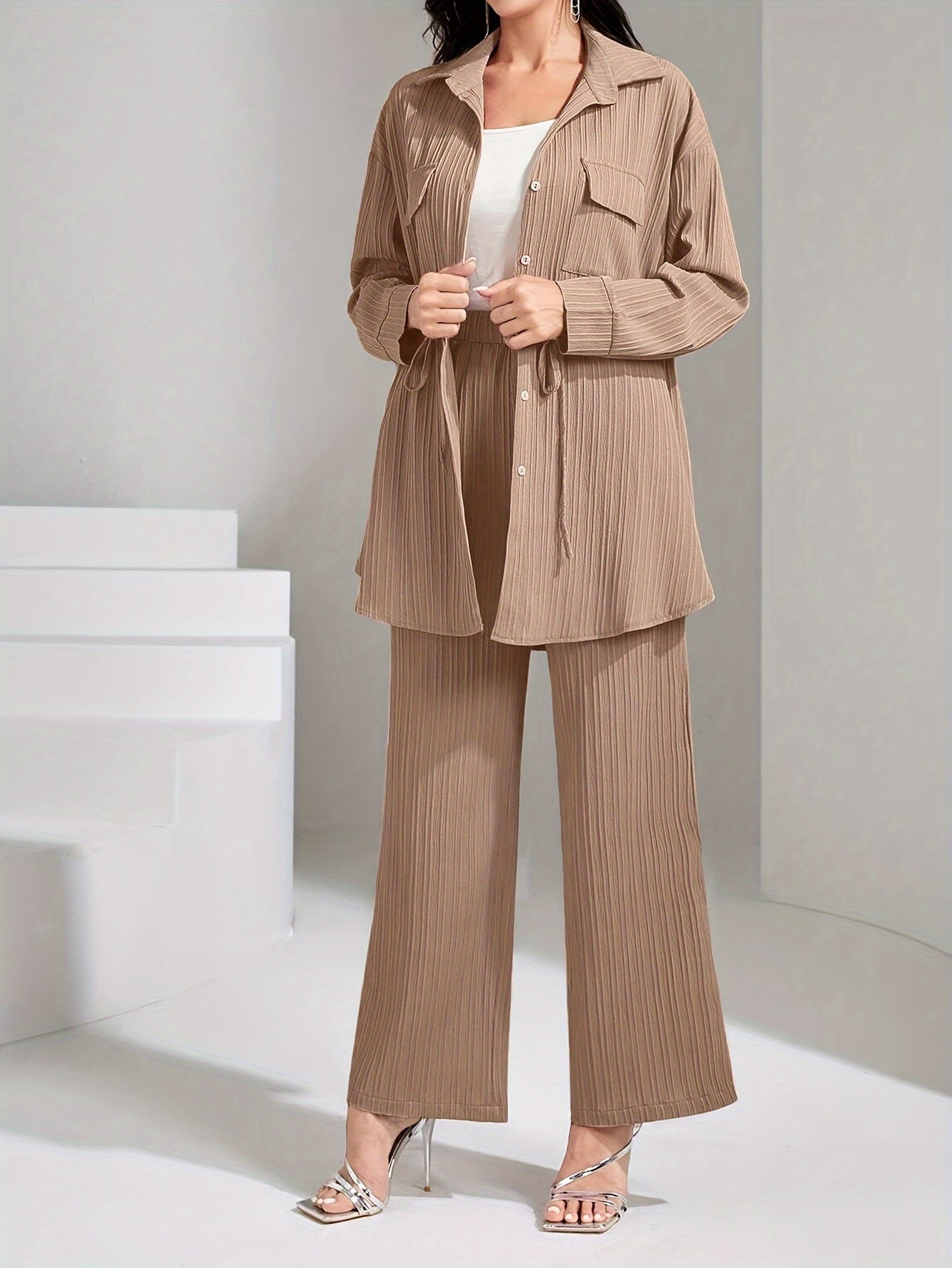 Women's Polyester Suit with Lapel Collar Solid Color Woven Fabric Long Sleeve Wide Leg Pants for Spring Fall
