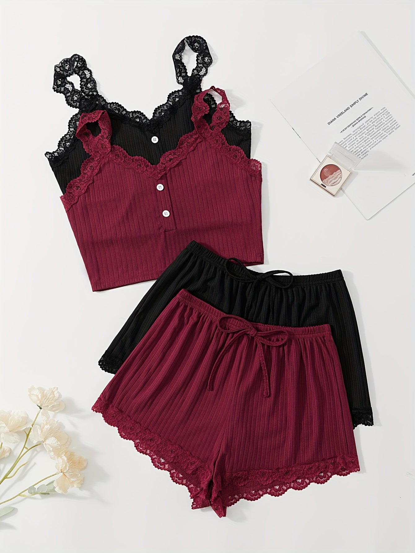 Women's Ribbed Lace-Trim Pajama Set V-Neck Cami Top Drawstring Shorts Multiple Colors