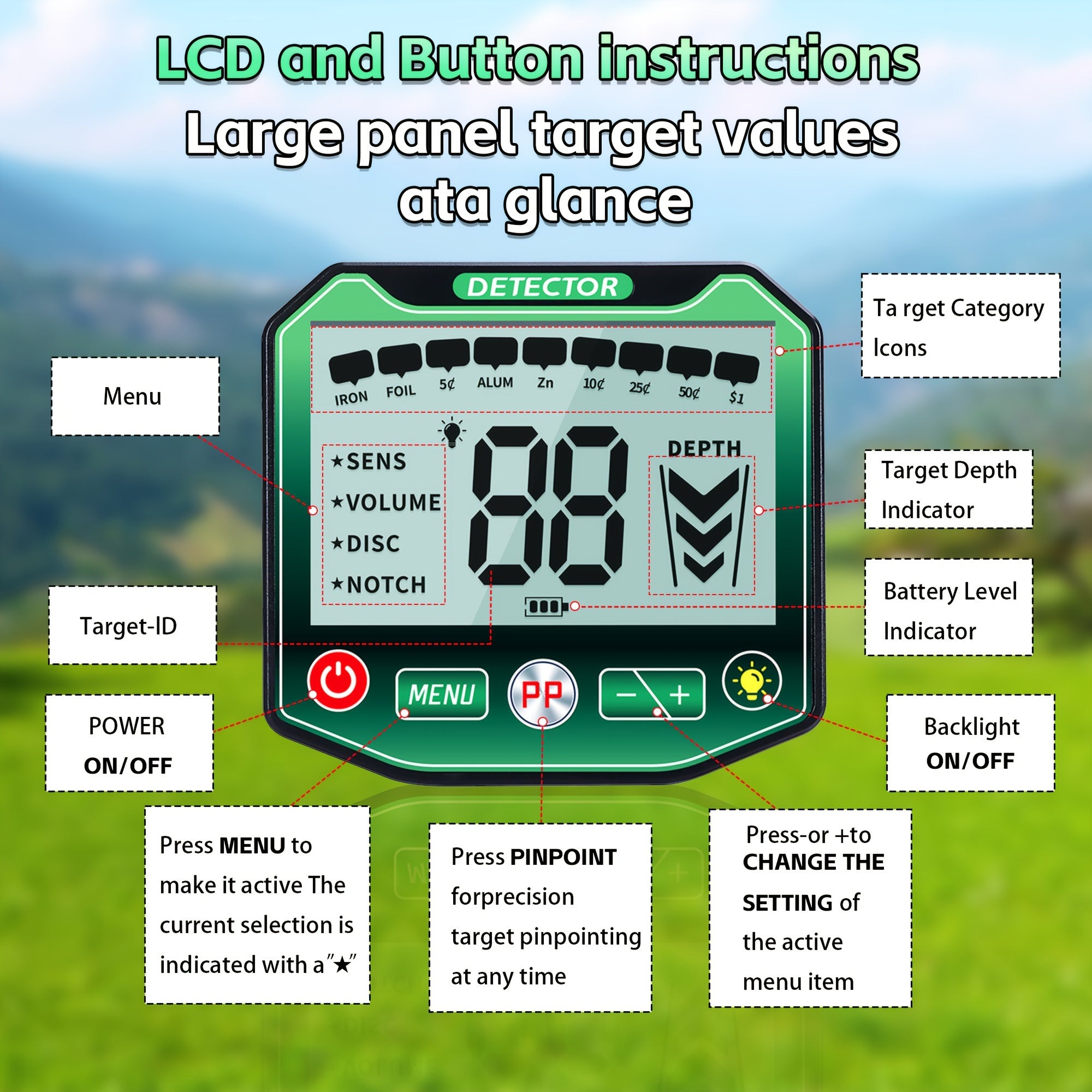 Underground Metal Detector with 27.94cm Search Coil HD LCD Display Adjustable Modes for Coins and Metals