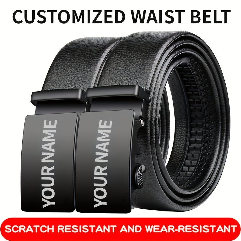 Men's Leather Belt with Customizable Nameplate Stylish Durable Alloy Buckle