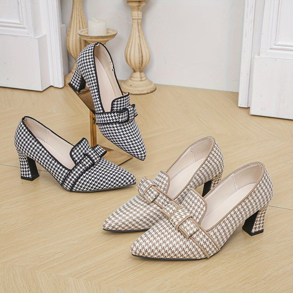 Women's Houndstooth Pumps with Bow Pointed Toe Block Heels Office Shoes