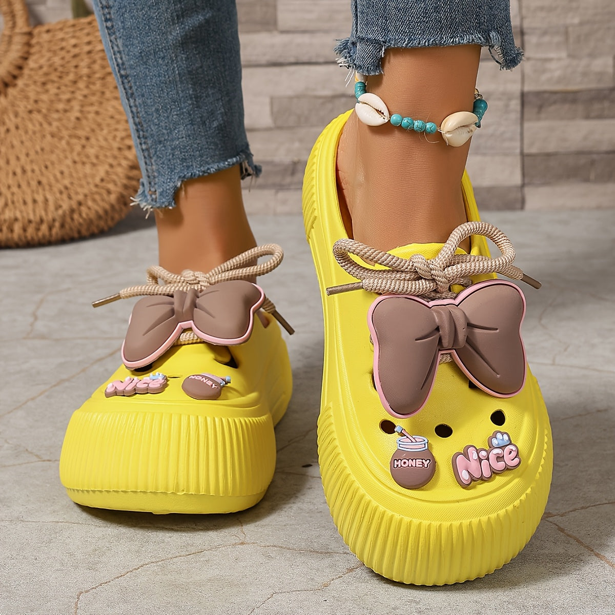 Women's EVA Mules with Bow Detail Casual Beach Slide Sandals White Pink