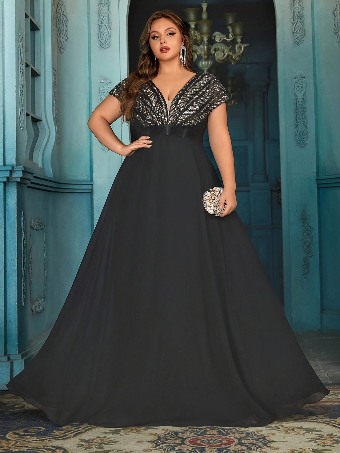 Plus Size Women Short Sleeve Dress Black Elegant Formal Evening Wedding Guest Gown