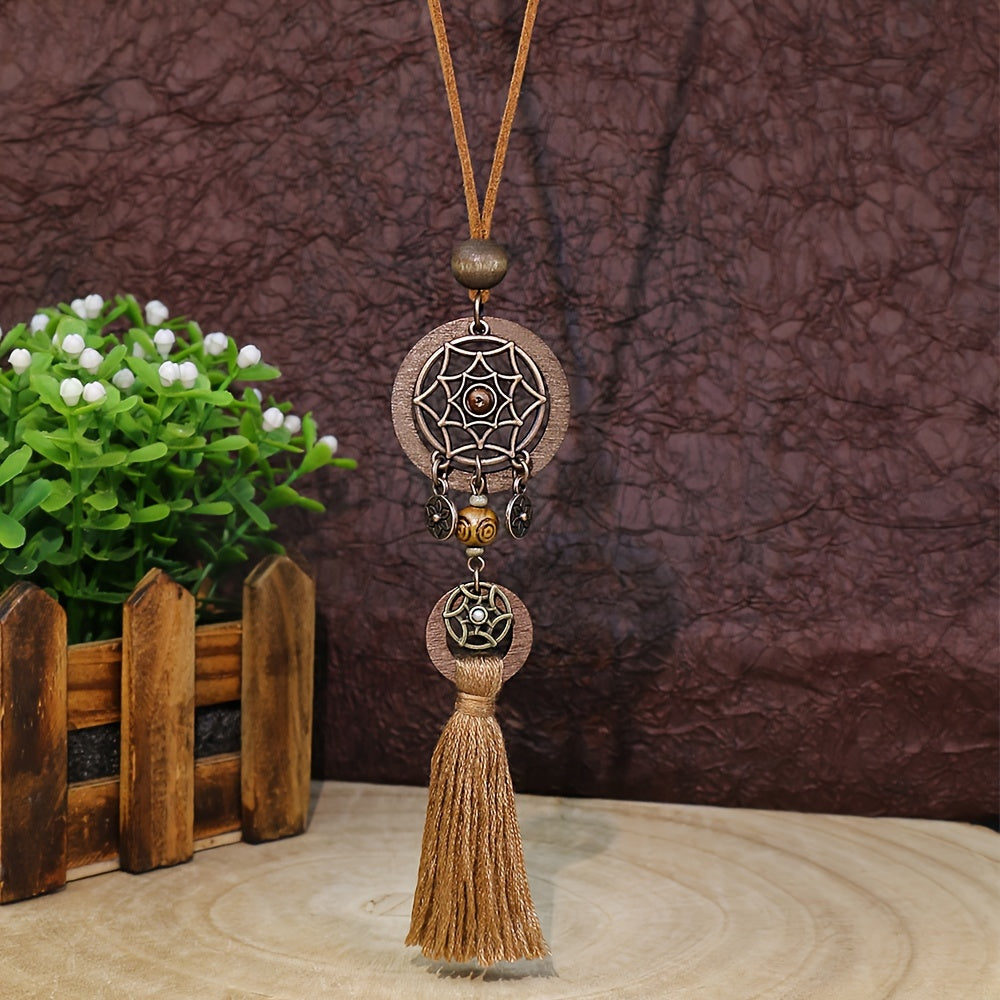Women's Boho Pendant Necklace with Dark Brown Wooden Tassel and Zinc Alloy Material