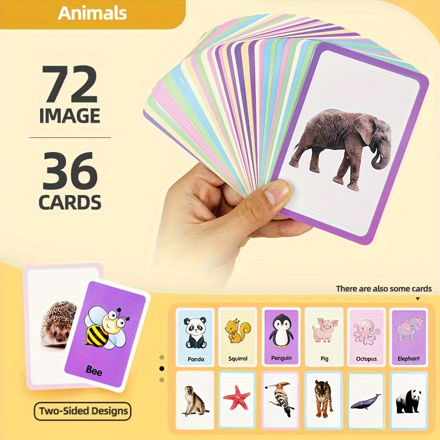 Educational Bilingual Flash Cards for Kids Ages 3 and Up 36 Double-Sided Paper Teaching Aids with Animals Fruits Vegetables Shapes and Body Parts