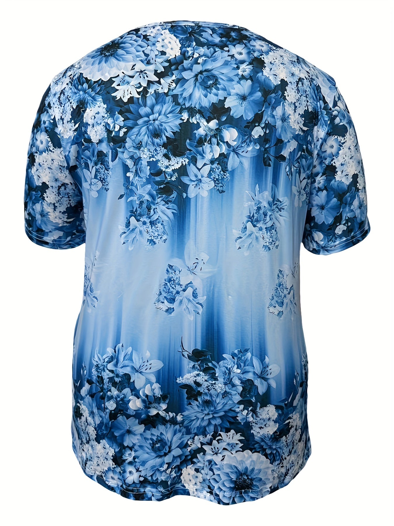 Women's Plus Size Floral V-Neck Blouse Short Sleeve Summer Top Purple Blue