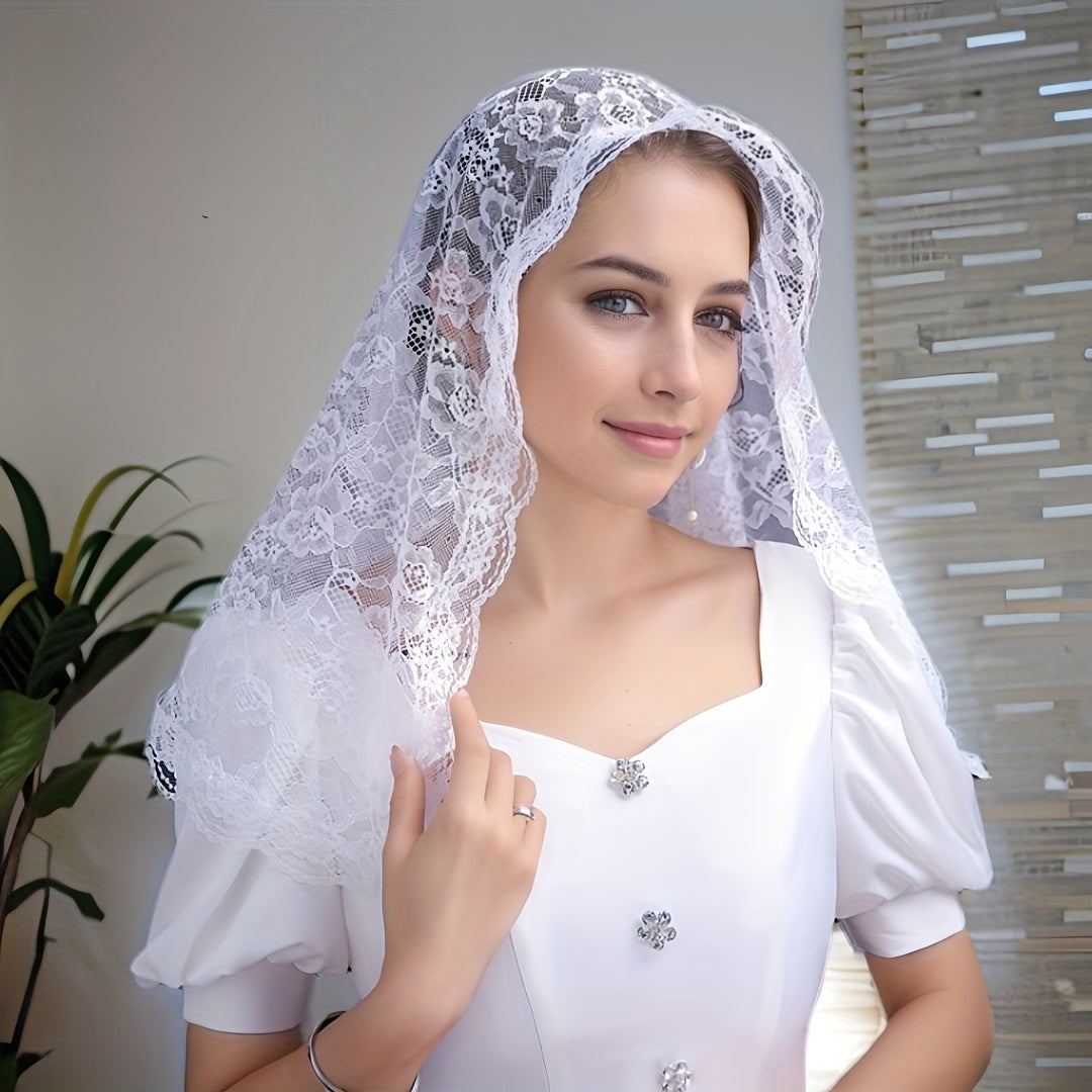 Women's Lace Headscarf with Embroidered Veil for Muslim Prayer