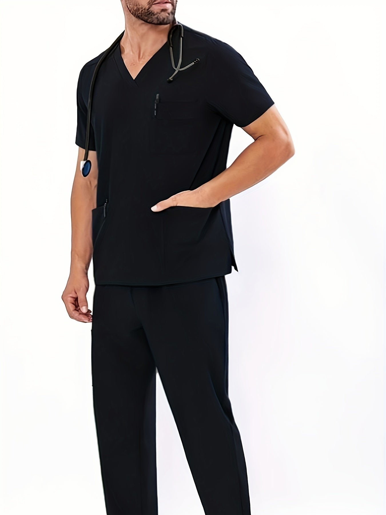 Men's Summer V-Neck Scrub Set with Pockets Casual Workwear for Medical Staff